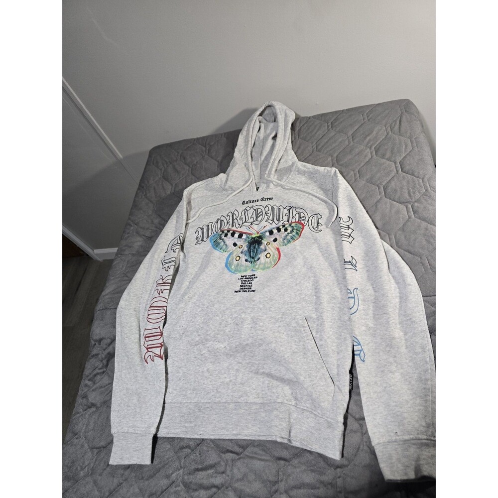 Brooklyn Cloth Culture Crew Worldwide Moth Hoodie Gray Men's Medium Y2K Graphic